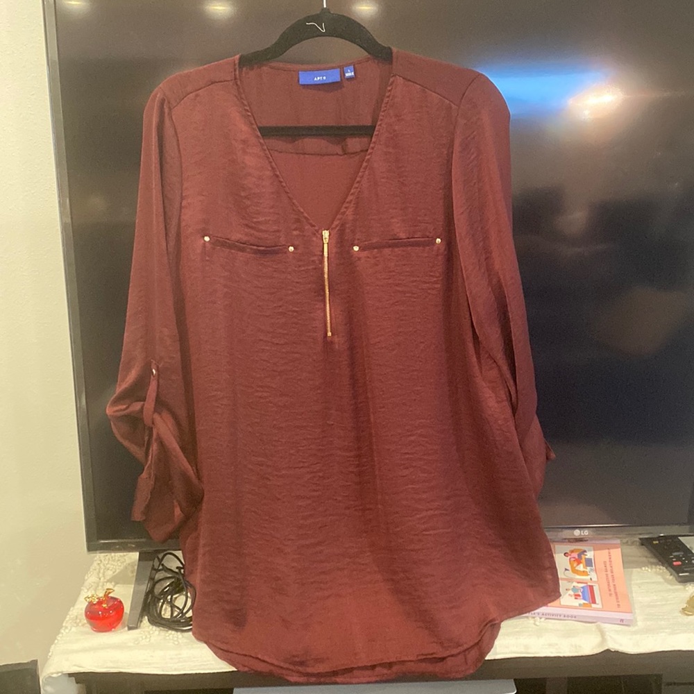 Burgundy satin top with gold zippers size large